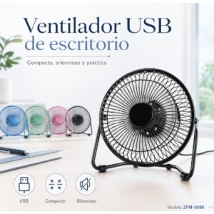 Ventilador USB de escritorio con estructura metálica, diseño compacto y estilo moderno, ideal para oficina- Por Mayoreo ZFM-0086
