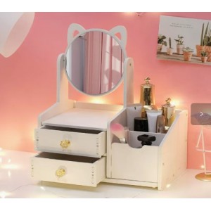 Organizador de maquillaje con espejo, cajones y compartimentos laterales, ideal para guardar cosméticos- Por mayoreo 