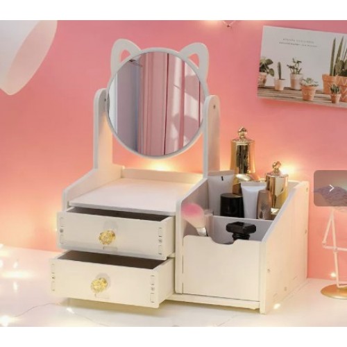 Organizador de maquillaje con espejo, cajones y compartimentos laterales, ideal para guardar cosméticos- Por mayoreo 