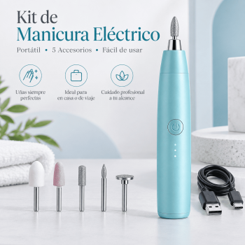 Kit de manicura eléctrico portátil con puntas intercambiables para limar y pulir uñas. Práctico para uso en casa, estética o viaje. Venta por mayoreo.