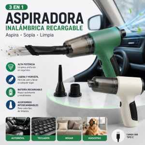 Aspiradora inalámbrica 3 en 1 con función de aspirado y soplado, batería recargable, accesorios intercambiables y diseño portátil. Venta por mayoreo.