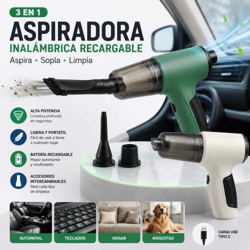 Aspiradora inalámbrica 3 en 1 con función de aspirado y soplado, batería recargable, accesorios intercambiables y diseño portátil. Venta por mayoreo. Aspiradora inalámbrica 3 en 1 con función de aspirado y soplado, batería recargable, accesorios intercambiables y diseño portátil. Venta por mayoreo.