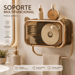 Soporte organizador multifuncional para baño con porta papel higiénico, compartimentos de almacenamiento y diseño de pared. Ideal para ahorrar espacio. Venta por mayoreo.