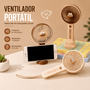 Mini ventilador portátil recargable con 3 velocidades, soporte para celular y batería USB. Compacto, ligero y práctico para cualquier lugar. Venta por mayoreo.