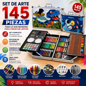 Set de arte de 145 piezas con estuche de aluminio, ideal para dibujo, coloreado y actividades creativas. Práctico, completo y disponible por mayoreo.