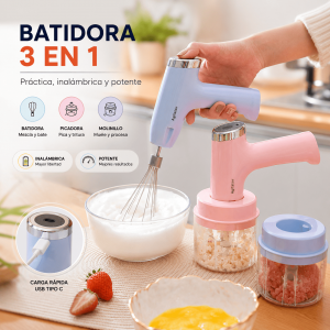 Batidora eléctrica inalámbrica 3 en 1 con funciones para batir, picar y moler. Diseño recargable, práctico y portátil para el hogar. Venta por mayoreo.