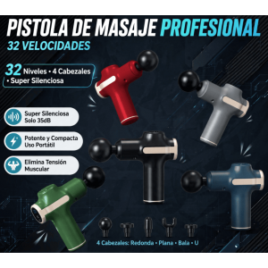 Pistola de Masaje Muscular Profesional Mini 32 Velocidades - 4 Cabezales Intercambiables - Super Silenciosa 35dB - Recargable USB - Portátil 300g