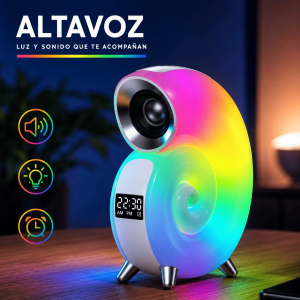 Altavoz Bluetooth con luz RGB, pantalla digital con reloj y diseño moderno tipo espiral. Ideal para música, decoración y ambiente. Venta por mayoreo.
