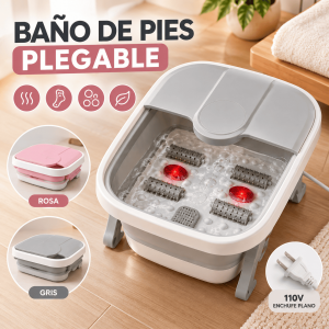 Baño de pies plegable 110V con rodillos de masaje, función de calor y diseño compacto. Disponible en color rosa y gris. Venta por mayoreo.