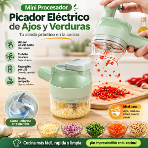 Picadora eléctrica giratoria recargable USB con cuchillas de acero, vaso transparente y diseño compacto. Ideal para ajos, verduras y chiles. Venta por mayoreo.