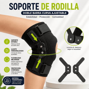 Soporte de rodilla con doble barra curva ajustable, correas de velcro y material transpirable. Ideal para deporte y uso diario. Venta por mayoreo.