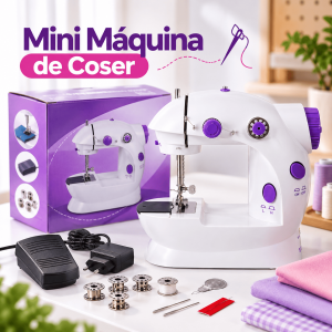 Mini máquina de coser portátil con pedal, doble velocidad, accesorios incluidos y diseño compacto. Ideal para costuras básicas y reparaciones. Venta por mayoreo.