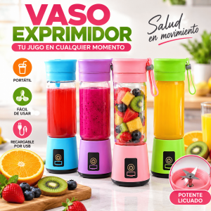 Vaso exprimidor portátil recargable por USB con cuchillas de acero inoxidable. Ideal para preparar jugos y licuados en cualquier lugar. Venta por mayoreo.