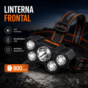 Linterna frontal LED recargable USB de 800 mAh, fabricada en ABS resistente. Ideal para camping, trabajo, ciclismo y actividades al aire libre. Venta por mayoreo.