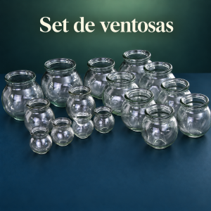 Set de ventosas de vidrio transparente de diferentes tamaños. Complementa tu catálogo de accesorios de bienestar y cuidado corporal. Venta por mayoreo.