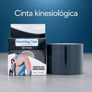 Cinta kinesiológica deportiva en rollo, color oscuro y empaque individual. Disponible por mayoreo para tu negocio de accesorios deportivos.