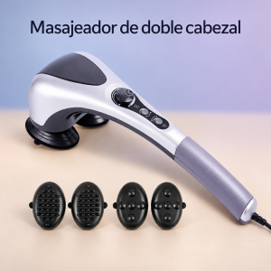 Masajeador eléctrico de doble cabezal con mango largo, controles superiores y cuatro accesorios intercambiables. Disponible por mayoreo.