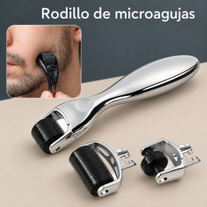 Rodillo de microagujas con mango cromado y tres cabezales intercambiables de diferentes anchos. Disponible por mayoreo para tu negocio.