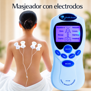 Masajeador electrónico con pantalla digital, controles frontales y cuatro parches de electrodos con cables. Disponible por mayoreo.