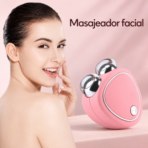 Masajeador facial rosa con dos rodillos de acabado metálico, diseño compacto y botón frontal. Disponible por mayoreo para tu negocio de belleza.