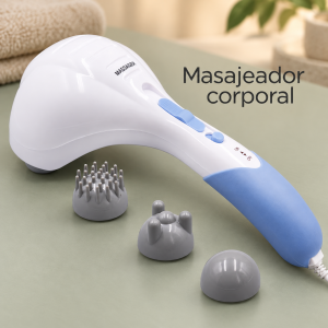 Masajeador corporal eléctrico con mango alargado y tres cabezales intercambiables. Diseño blanco y azul con cable de alimentación. Venta por mayoreo.