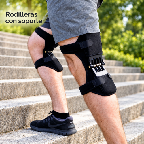Rodilleras negras con soporte lateral de resortes, abertura en la rodilla y correas ajustables. Disponibles por mayoreo.