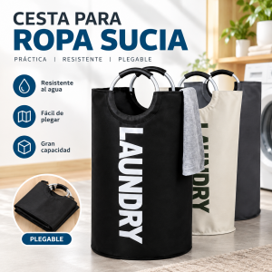 Cesto plegable para ropa sucia con asas de fácil transporte. Diseño vertical y práctico para lavandería, baño o recámara. Venta por mayoreo.
