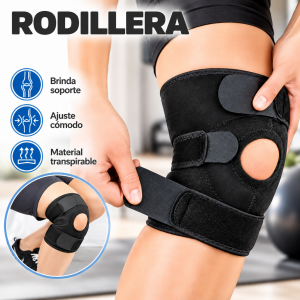 Rodillera ajustable con correas de compresión y abertura frontal. Brinda soporte y un ajuste cómodo para actividades deportivas y uso cotidiano. Venta por mayoreo.