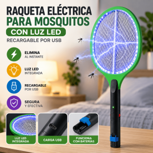 Raqueta eléctrica para mosquitos con luz LED integrada, batería recargable por USB y diseño ergonómico. Ideal para eliminar insectos en interiores y exteriores. Venta por mayoreo.