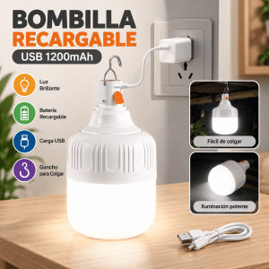 Bombilla LED recargable USB de 1200 mAh con gancho para colgar e iluminación de alta potencia. Ideal para emergencias, camping y uso doméstico. Venta por mayoreo.