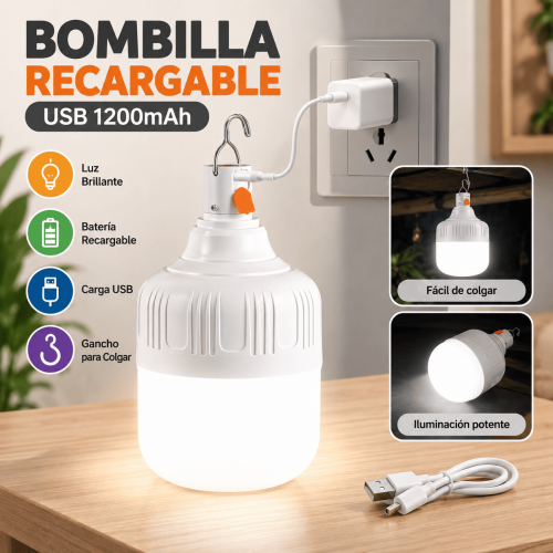 Bombilla LED recargable USB de 1200 mAh con gancho para colgar e iluminación de alta potencia. Ideal para emergencias, camping y uso doméstico. Venta por mayoreo.