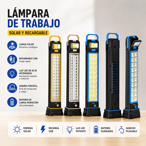 Lámpara de trabajo LED con carga solar y USB, iluminación de alta potencia y diseño portátil. Ideal para talleres, camping y emergencias. Venta por mayoreo.