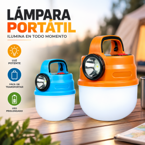 Lámpara LED portátil con linterna frontal, asa integrada y diseño multifuncional. Ideal para camping, emergencias y uso diario. Venta por mayoreo.