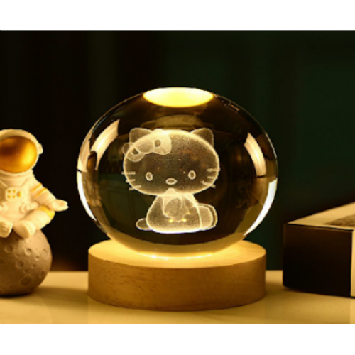 Lampara led de noche, Bola de cristal LED 3D de KITTY, Diámetro de bola: 8cm LED926