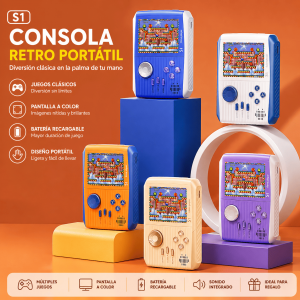 Consola retro portátil S1 con pantalla a color, batería recargable, altavoz integrado y diseño compacto. Ideal para entretenimiento en cualquier lugar. Venta por mayoreo.