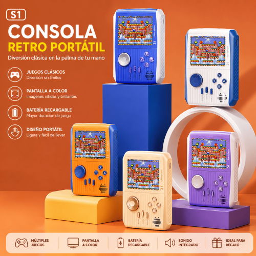 Consola retro portátil S1 con pantalla a color, batería recargable, altavoz integrado y diseño compacto. Ideal para entretenimiento en cualquier lugar. Venta por mayoreo.