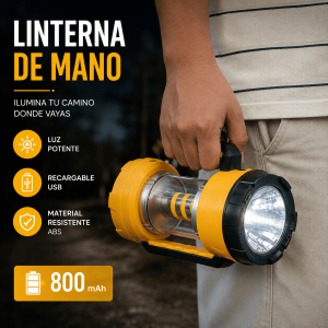 Linterna LED recargable de mano con luz de alta intensidad, diseño portátil y resistente. Ideal para camping, trabajo y emergencias. Venta por mayoreo.