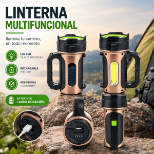 Linterna LED multifuncional con carga USB, panel solar, luz lateral COB y diseño portátil. Ideal para camping, trabajo y emergencias. Venta por mayoreo.
