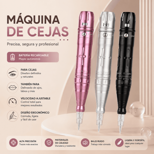 Máquina de cejas tipo pluma con batería recargable, velocidad ajustable, diseño ergonómico y uso preciso. Disponible en varios colores. Venta por mayoreo.