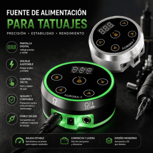 Fuente de alimentación Aurora-2 para tatuajes con pantalla digital, control táctil, voltaje ajustable, doble salida e iluminación LED. Venta por mayoreo.