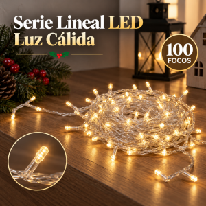 Serie lineal LED de luz cálida con 100 focos para decoración e iluminación ambiental.