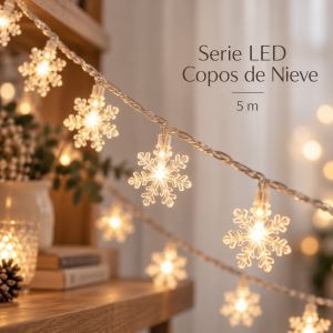 Serie LED de copos de nieve de 5 m con iluminación cálida y figuras decorativas en forma de copo, ideal para ambientar distintos espacios