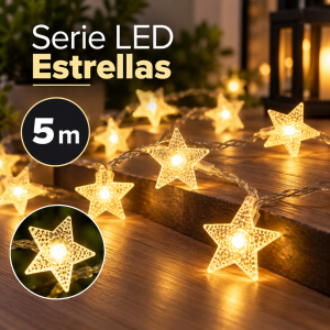 Serie LED de estrellas de 5 m con iluminación cálida y figuras decorativas en forma de estrella, ideal para ambientar distintos espacios.