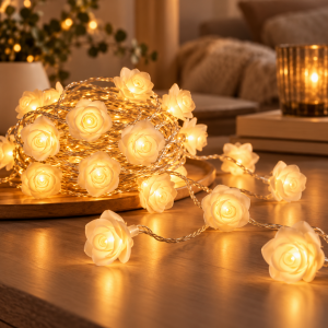 Serie LED de rosas de 5 m con iluminación cálida y diseño decorativo en forma de flor, ideal para ambientar distintos espacios.