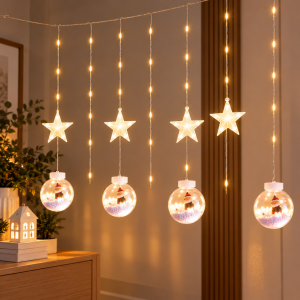 Cortina de estrellas LED con iluminación decorativa, ideal para ambientar ventanas, muros y distintos espacios.