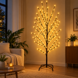 Árbol decorativo LED de 1.50 m de altura con múltiples luces cálidas distribuidas en sus ramas. Su diseño crea un ambiente acogedor y elegante, ideal para decorar salas, recámaras y diferentes espacios interiores.