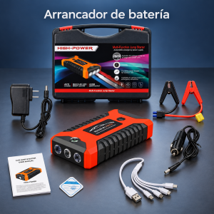 Arrancador de batería portátil HIGH-POWER con maletín, pinzas, adaptador de corriente y cables. Kit con accesorios disponible por mayoreo.