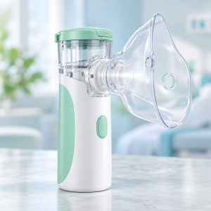 Compra nebulizadores portátiles por mayoreo. Diseño compacto con mascarilla transparente, depósito para líquido y botón de encendido.