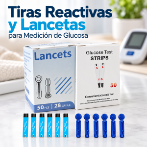 Kit de 50 tiras reactivas para glucosa y 50 lancetas 28G por mayoreo. Accesorios para monitoreo de glucosa en sangre.