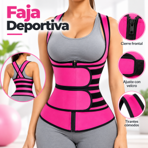 Faja deportiva rosa y negra con tirantes, cierre frontal y bandas ajustables. Diseño ergonómico para soporte de cintura y abdomen. Venta por mayoreo.